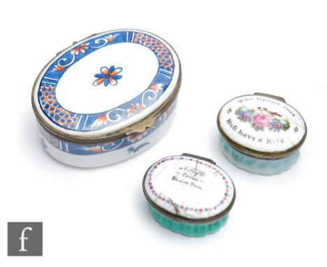 Two late 18th to early 19th Century Bilston type oval pill or patch boxes, the first with the motto 'Who Opens this Must have