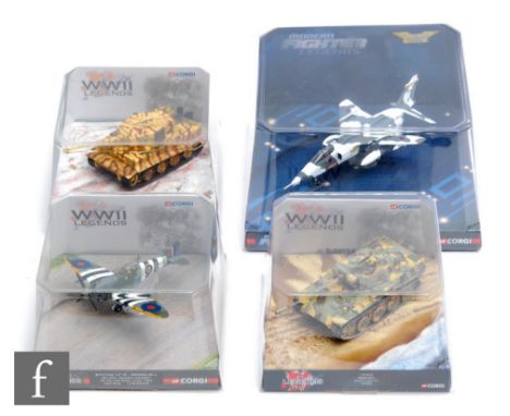 Four Corgi Legends diecast models, CC60206 Panther Ausf.A Regimental Command Tank, CC60502 Tiger I, AA31916 Spitfire LF IX, a