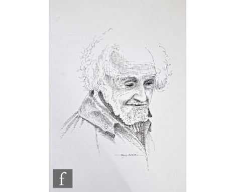 JOHN SEARL (CONTEMPORARY) - Portrait of the artist Bernard Venables, pen and ink drawing, signed, unframed, 40cm x 30cm, also