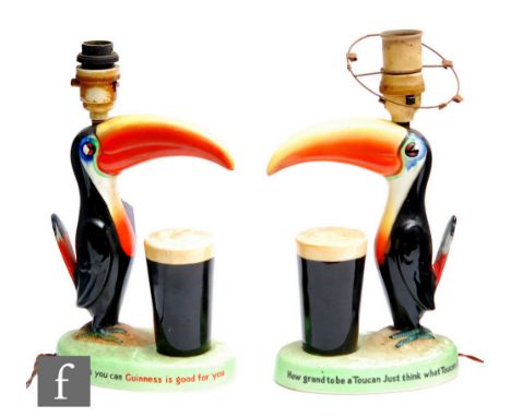A pair of Carltonware Guinness Advertising Lamps bases, 'How Grand to be a Toucan just think what Toucan do' and 'If he can s