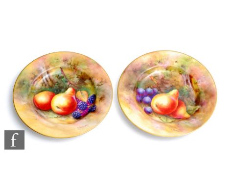 Two Royal Worcester Fallen Fruits side plates both decorated by Townsend, the first decorated with hand painted pears and red