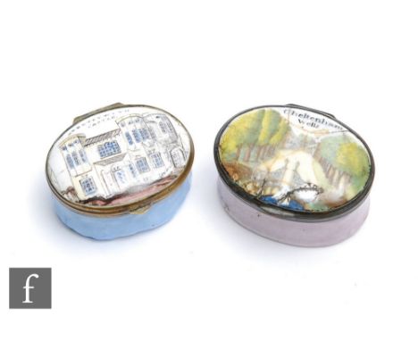 Two&nbsp;late 18th to early 19th Century Bilston type enamel pill or patch boxes, the first decorated to the slightly domed c