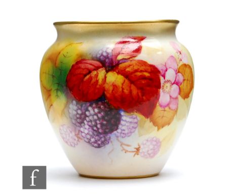A Royal Worcester shape 2491 cache pot panel decorated by Kitty Blake with hand painted autumnal fruits and berries, signed, 