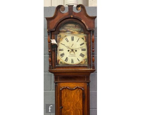 A 19th Century oak and mahogany longcase clock with eight day striking movement, painted arch dial by Tedeschi Willenhall enc