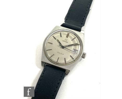 A gentleman's stainless steel Omega manual wrist watch, batons and date facility to a silvered dial, case diameter 35mm, all 