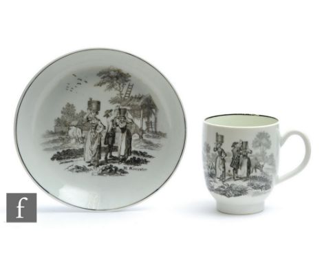 A 18th Century Worcester coffee cup and saucer decorated in the black and white transfer applied Milkmaids pattern by Robert 