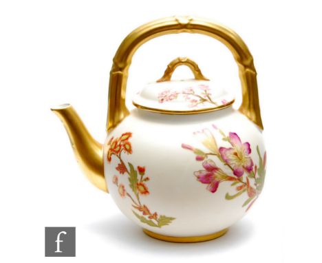 A Royal Worcester blush ivory tea kettle decorated with sprays of flowers against the pale ground, the loop handle and spout 