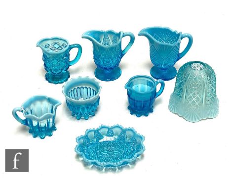 A collection of 19th Century Davidsons Blue Pearline to include cream jugs, strawberry set, dishes and lamp shape in a range 