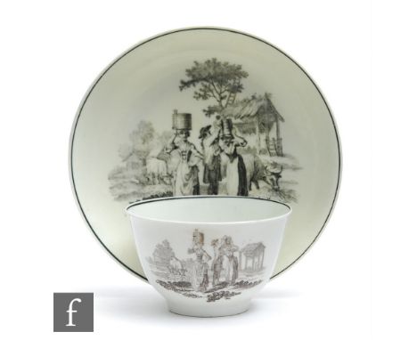A late 18th Century Worcester teabowl and saucer decorated in the black and white transfer applied Milkmaids pattern, both pi