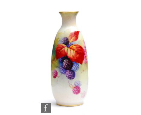 A Royal Worcester shape 2491 vase of slender swollen form, panel decorated by Kitty Blake with hand painted autumnal fruits a