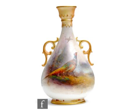 An early 20th Century Royal Worcester twin handled shape G995 vase panel decorated by James Stinton with a hand painted pheas