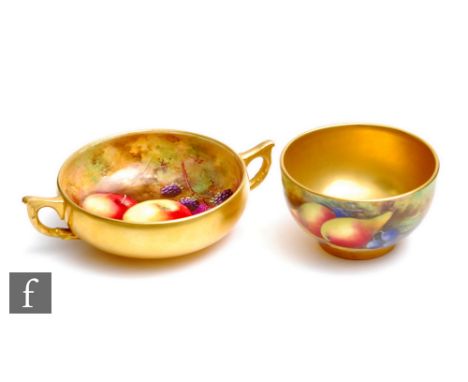 Two pieces of Royal Worcester Fallen Fruit comprising a sugar bowl decorated to the exterior in the round by Austin with hand