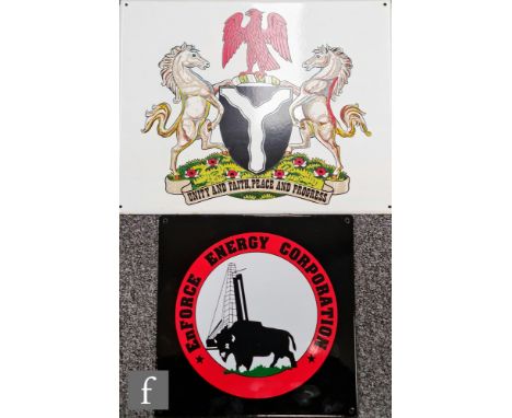 Two enamel signs, to include a 1990s Belgian Enforce Energy Corporation sign, 34cm x 34cm, together with a signed with Nigeri