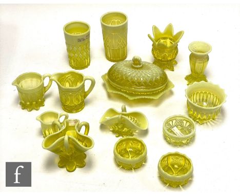 A collection of 19th Century Davidsons Primrose Opal pressed glass table wares and fancy goods to include covered butter dish