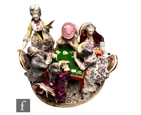 A large late 19th Century continental figural tableau group of card players with ladies and gentleman in 18th Century dress s
