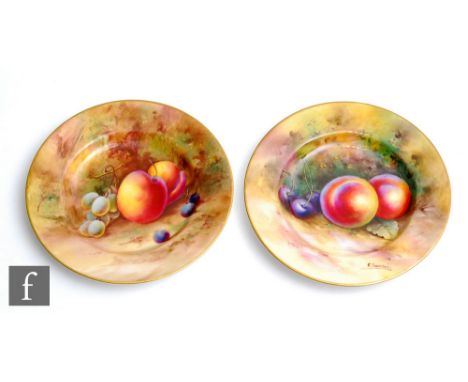 Two Royal Worcester Fallen Fruits 15.5cm side plates, the first decorated by Price with hand painted peaches and white and re