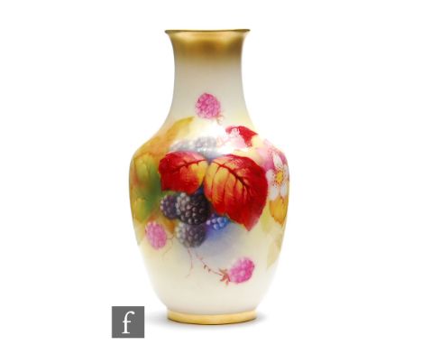 A Royal Worcester shape 2491 vase panel decorated by Kitty Blake with hand painted autumnal fruits and berries, signed,&nbsp;