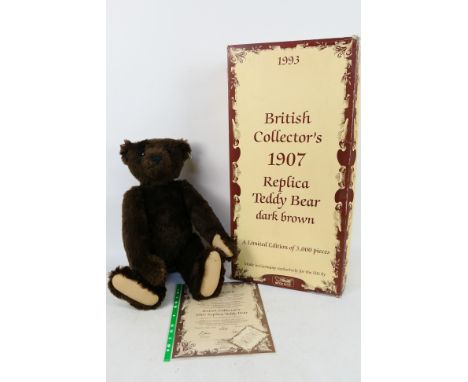 Steiff - A 1993 limited edition Steiff mohair '1907 Replica Teddy Bear' - The #406065 dark brown bear has white buttoned Stei