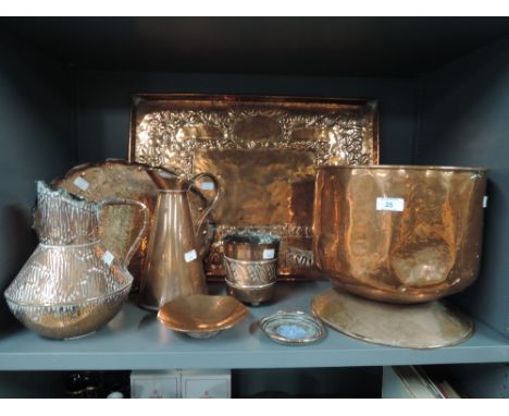 A selection of vintage copper wares including Arts and Crafts design tray, water jugs planter etc