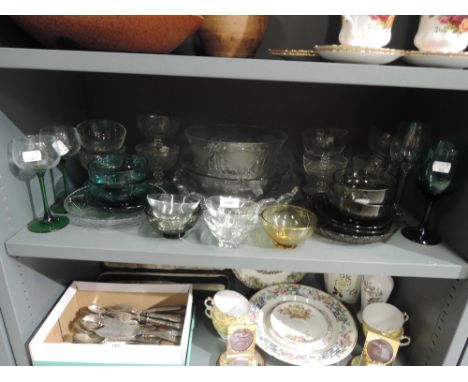 A selection of vintage glass wares including jade green and black glass
