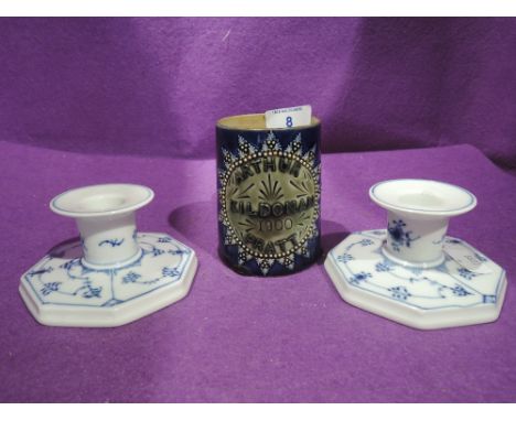 A selection of vintage ceramics including Arthur Pratt Kildonan cup and Royal Copenhagen candles sticks 