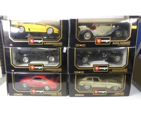 Collection of six 1:18scale die-cast cars to include Alfa Romeo 2300 Spider, Jaguar 'E' Cabriolet, Mercedes-Benz 500K Roadste
