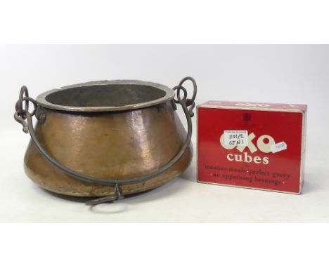 Copper and wrought-iron cooking pot/cauldron and Oxo cubes tin box. (2)