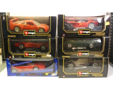 Collection of six 1:18scale die-cast cars to include Bburago Mercedes-Benz SSK, Jaguar 'E' Coupe, Ferrai 250 Testa Rossa, Fer