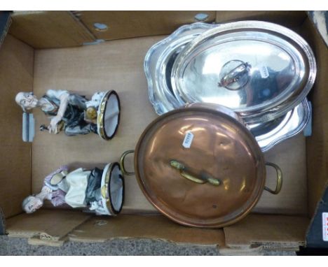 A mixed collection of items to include a silver plated serving dish, copper cooking pot and 2 Continental style figures (1 tr