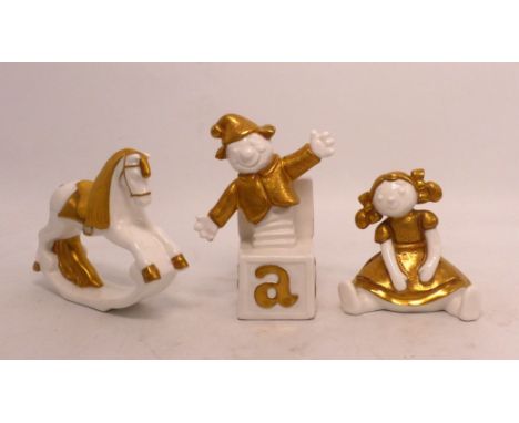 Three Minton porcelain figures to include A.B.C. Jack-in-the-box, doll and rocking horse. (3)