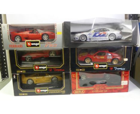 Collection of six 1:18scale die-cast cars to include Bburago Ferrari F40, Dodge Viper, Ferrari F50, Ferrari 348 (wrong box), 