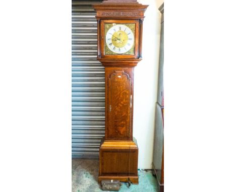 Oak case Farrow Leigh Grandfather Clock with decorative carved foliage &amp; brass face. H224cm