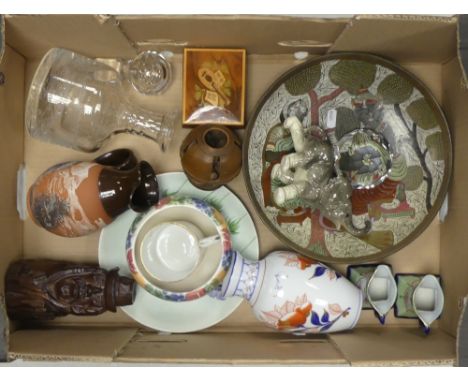 Mixed selection to include oriental small jugs, decanter, wooded statue of a oriental gentleman, wooded puzzle, Radford plate