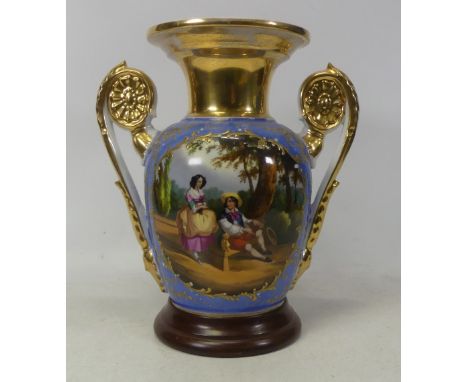 Paris Porcelain, handpainted twin handled vase on wooden base. Height: 23cm
