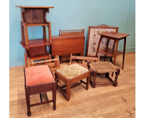 An Edwardian walnut Sutherland style dropleaf table, together with an oak framed tapestry fire screen, an Edwardian mahogany 