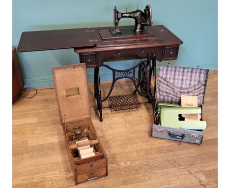 A cased Viking Class 20 Zig Zag sewing machine, complete with instruction manual together with a 19th century single drawer c