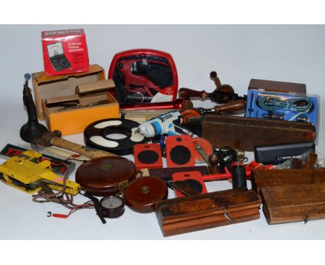 A collection of early 20th century and later hand tools to include a cased Weston volt meter, model 341. (2) 