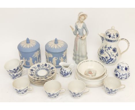 A 20th century German porcelain 'Blue Onion' pattern part teaset, together with a pair of blue and white Jasperware biscuit b