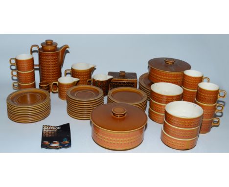Hornsea Saffron; a 20th century part dinner set comprising of eight cups, six bowls, a serving bowl and lidded tureen, ten sa
