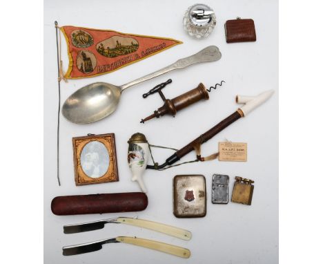 A group of collectables to include two 11th Battalion N.A.A.F.I Ration cards, an Askvoll Brugas tin decorative spoon, cased p