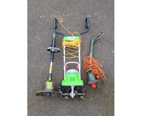 Electric garden tools to include a Florabest FGH 710 A1 turbo power motor rotavator, and two strimmers. 