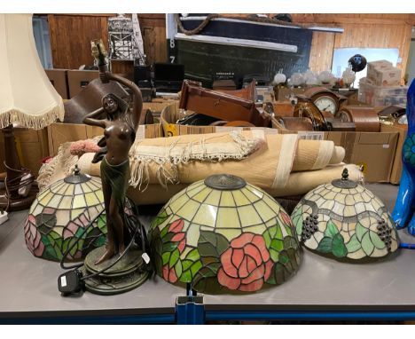Three 20th century Tiffany style leaded glass light shades, each with floral decoration, together with an Art Nouveau style f