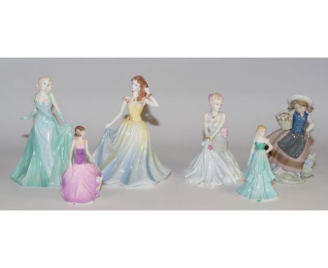 Coalport, five ceramic figurines comprising, The Collingwood collection Claire, Ladies of fashion Gail and Jean, Selina, Miri