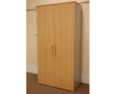 (STK10107) Large light oak finish lockable two door office storage cabinet fitted with adjustable shelves, W100cm, H200cm, D5