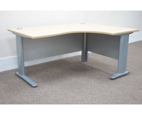 (SKT10103) Right hand light oak office corner desk with cable tidy and modesty panels, W160cm, D120cm (max), H72cm   Conditio