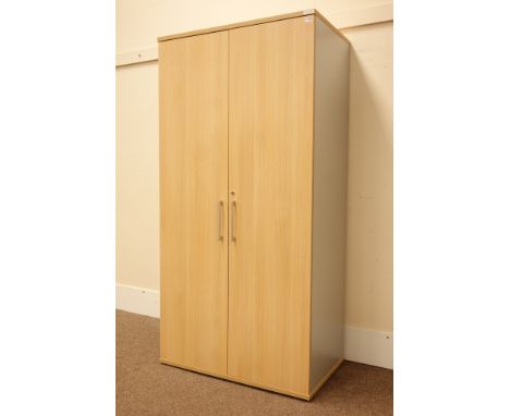 (STK10108) Large deep light oak finish lockable two door office uniform/storage cabinet fitted with rail, W100cm, H200cm, D60