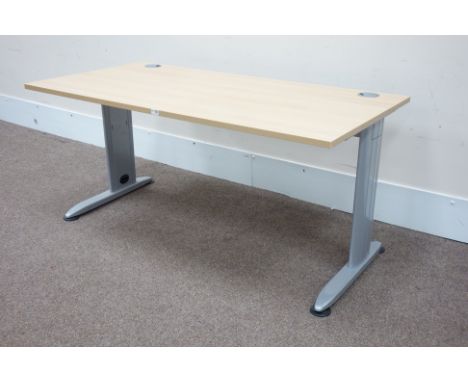 Rectangular light oak office desk with cable tidy, W160cm, H72cm, D82cm   Condition Report   Click here for further images, c