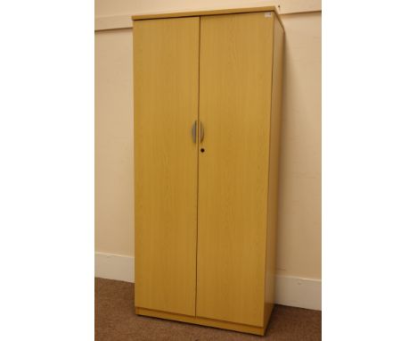 (STK10106) Large light oak finish lockable two door office storage cabinet fitted with adjustable shelves, W90cm, H200cm, D60