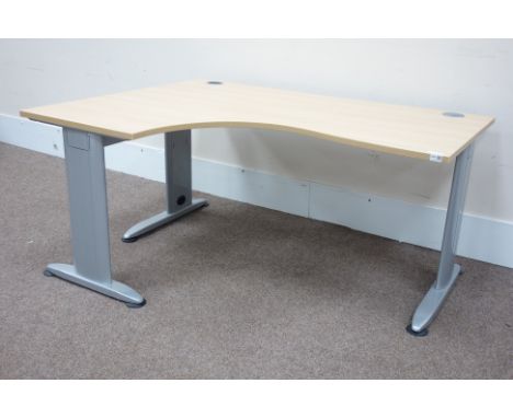 (SKT10102) Left hand light oak office corner desk with cable tidy, W160cm, D120cm (max), H72cm   Condition Report   Click her