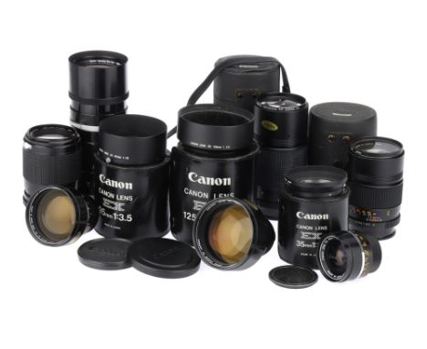 A Selection of Canon and Konica SLR Camera Lensescomprising a FL f/3.5 200mm lens, body G, elements F, fungus, an EX f/3.5 35